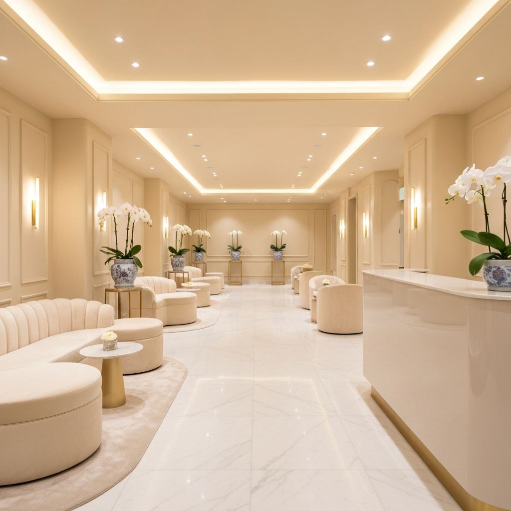 Luxury medical spa reception with marble surfaces and warm ambient lighting