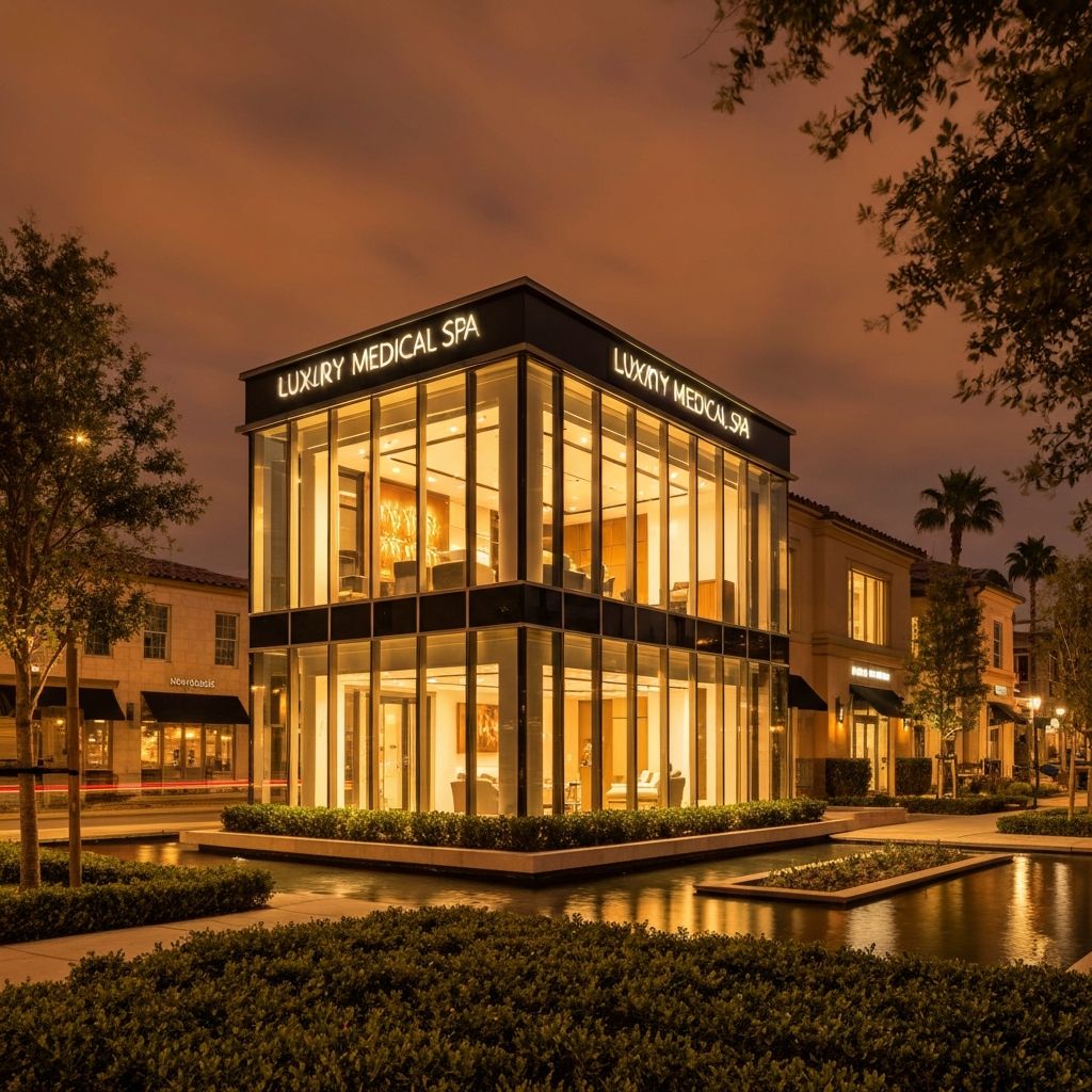 Premium medical spa exterior at golden hour with modern glass facade and elegant landscaping
